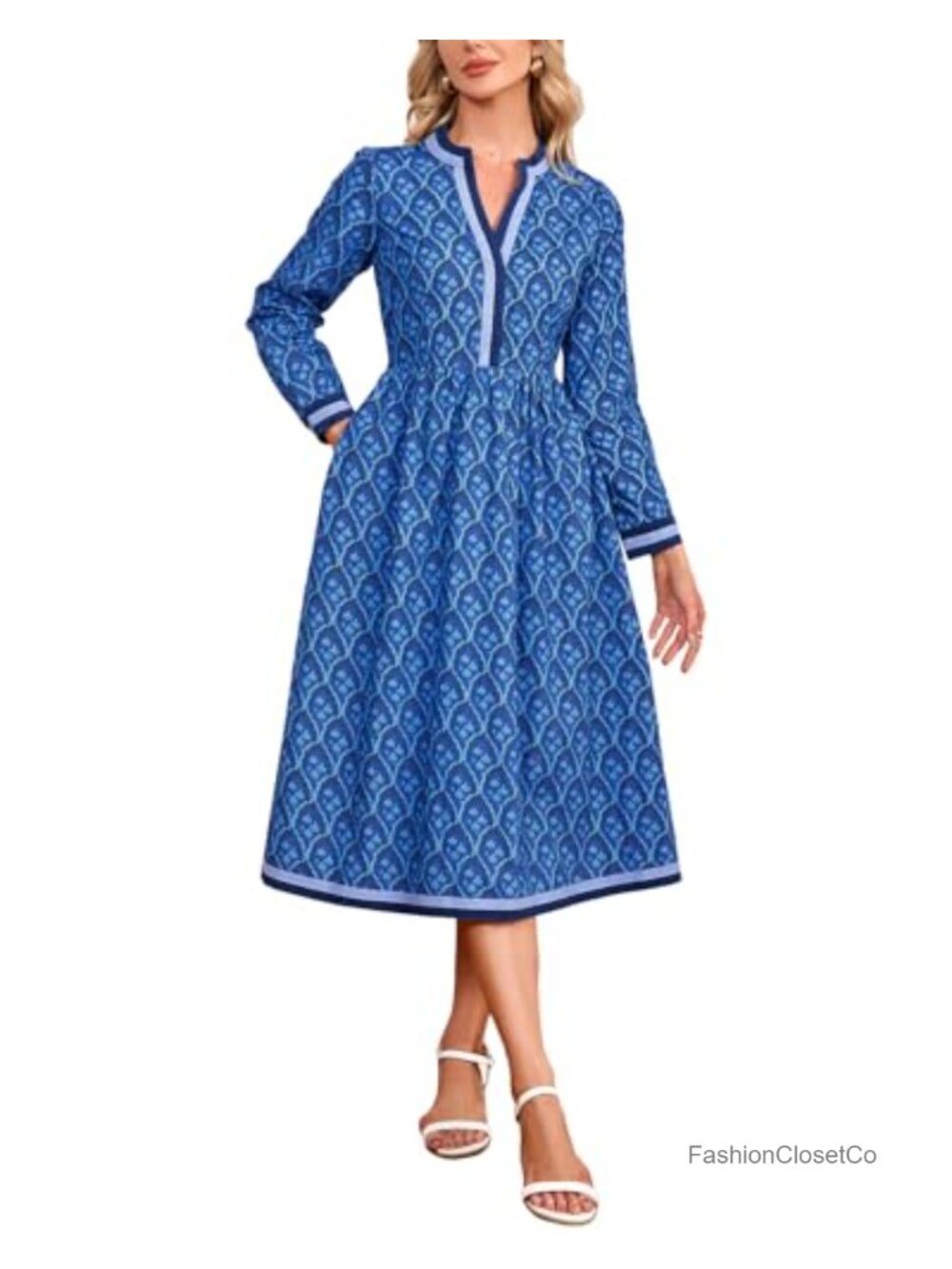 100% Cotton Floral Midi Dress Long Sleeve V Neck A Line Boho